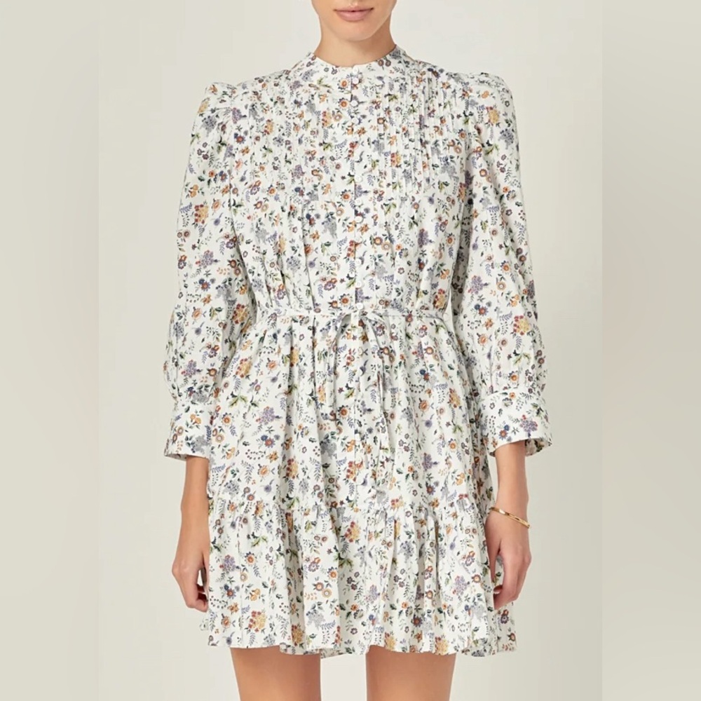 English Factory Long-Sleeve Pintuck Smocked Mini Dress